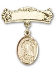 14K Gold Baby Badge with St. Brigid of Ireland Charm and Arched Polished Badge Pin