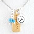 PEACE Word Double Sided Pendant or Charm in Gold Vermeil and Round Peace Symbol Charm in Sterling Silver with Turquoise Gemstone Beads on an 18" Diamond Cut Rhodium and Sterling Bead Chain, #8346