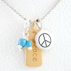 PEACE Word Double Sided Pendant or Charm in Gold Vermeil and Round Peace Symbol Charm in Sterling Silver with Turquoise Gemstone Beads on an 18" Diamond Cut Rhodium and Sterling Bead Chain, #8346