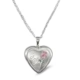 925 Sterling Silver Ladies Heart Locket with  I Love You  and Pink Rose on an 18   Silver Curb Chain
