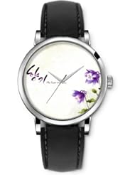 SPRAWL Aanalog Fashion Series Silver Ladies Watches of Genuine Black Leather Strap,Unique Wrist Watch for Women Girls Designed with White background with purple flowers
