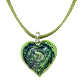 Sterling Silver Green & Blue Murano Glass Heart Pendant w/ Green Cord, 18
