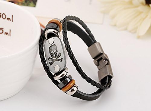 Drunk Wind Retro Multi Row Skull Pattern Wrap Punk Style Leather Black Bracelet