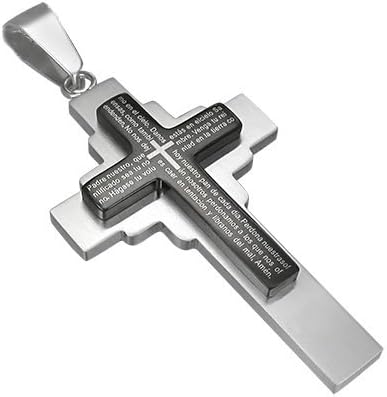 New Stainless Steel 2-Tone The Lords Prayer Double Cross Pendant With Spanish Scripture & Free Chain - Length 23.6" + UK Shipped Within 24hrs Of Order Placed + Gift Packaging Included!