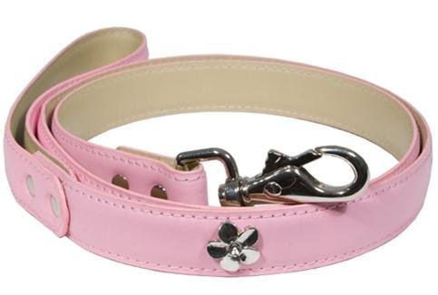 Designer Dog Leash - Leather Leash with Flower Studs - Pink - Four Feet Long