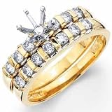 14K Yellow Gold Womanly Diamond Wedding Ring Set, Semi Mount