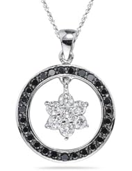 1.01 Cts Black & White Diamond Circle Star Pendant in 14K White Gold