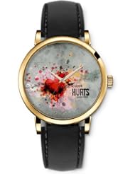 SPRAWL Aanalog Fashion Series Gold Ladies Watches of Genuine Black Leather Strap,Unique Wrist Watch for Women Girls Designed with wounded heart