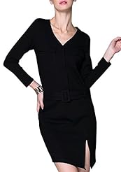 V-neck Spring Fall Winter Slit Belted Mini Dress 