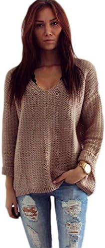EKIMI Womens Long Sleeve V-Neck Pullover Jumper Cardigan Sweaters Coat (M)