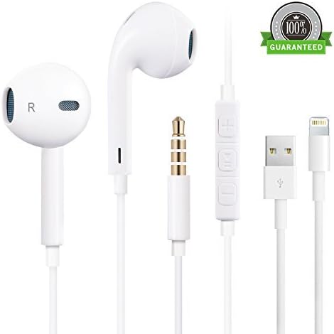 Amoner Stereo iPhone EarPods with Mic&amp;Remote Control, Noise Cancelling Earbuds Headphones 3.5mm Jack Earphones for Apple iPhone/iPad/iPod, plus 3FT iPhone Charging Cable(Carrying Case Included)-White