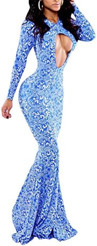 MENGKAI Women's Crewneck Cutout Printed Slit Full Length Mermaid Dress S Blue
