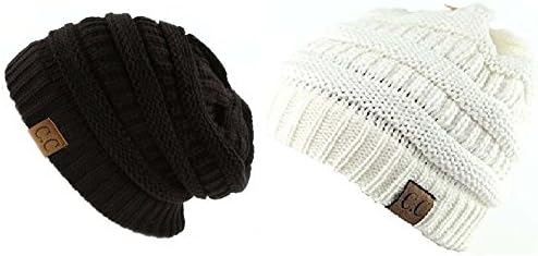 Black Thick Slouchy Knit Oversized Beanie Cap Hat (onesize, 2 Pack: Black/Ivory)