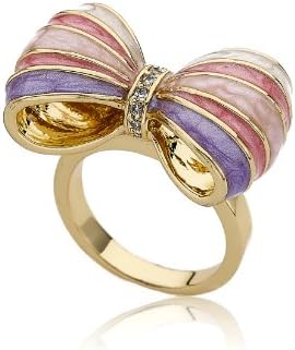 LMTS Bow Beautiful 14K Gold Plated Marbleized Light Blue, Lavender, Pink & White Enamel Stripe Bow Ring Accented With CZ Stripe Center Brass Sz.4 RG4678B-M1-GP-4