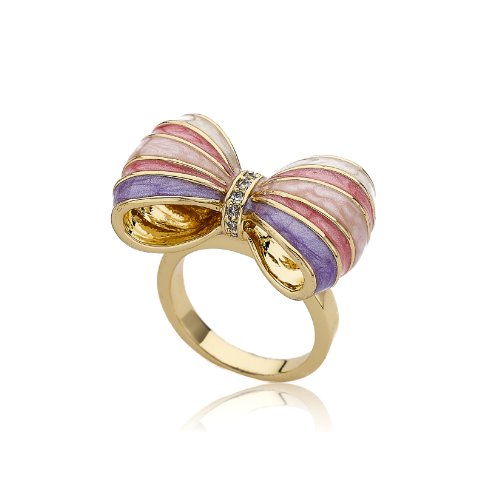 LMTS Bow Beautiful 14K Gold Plated Marbleized Light Blue, Lavender, Pink & White Enamel Stripe Bow Ring Accented With CZ Stripe Center Brass Sz.4 RG4678B-M1-GP-4