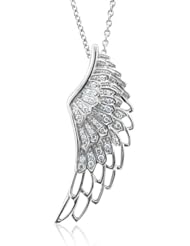 Sterling Silver Angel Feather Wing WHITE Diamond Pendant Necklace, 0.25 carat