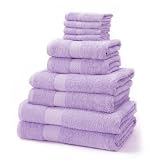 10 Piece Turkish Cotton Towel Set & FREE Bath Mat (Lilac)