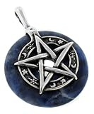 Sterling Silver Pentagram or Pentacle on Genuine Blue Sodalite Pendant with Sun, Moon, and Stars Pattern