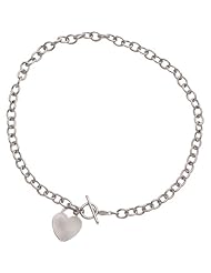 14K 7.50" White Gold Polish Diamond Cut Round Chain Link Bracelet With Heart And Toggle Lock