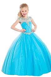 Girls Floor Length  Sheer Crystals Lace Crystal  Ball Gown Pageant Dress 