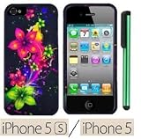 Apple Iphone 5S Or Iphone 5 Premium Pretty Design Protector Hard Cover Case / 1 of New Assorted Color Metal Stylus Touch Screen Pen (Pink Yellow Green Cosmic Flower On Black)