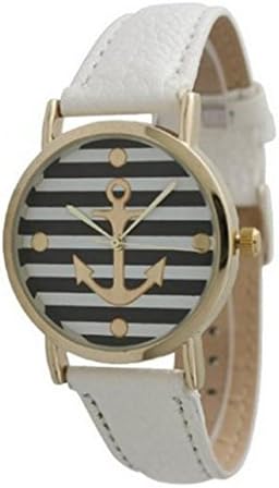 Omita® Women's Fashion Striped Anchor Style Leather Watch (White)