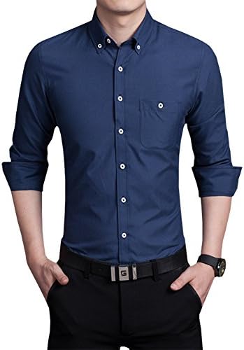 Homleys Mens Casual Slim Fit Long Sleeve Oxford Dress Shirt (Asian XL (US Small), ZD808-Deep Blue)