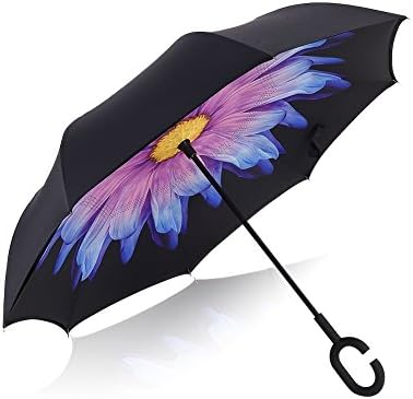Madage 42-Inch Oversized Golf Umbrella Double Inverted Umbrella Compact for Car and Inside Out In Rain Windproof Protection Anti-UV with C-shaped Handle (Daisy)