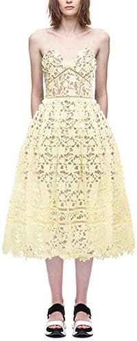 Yesample Strap Double-Layer Floral Hollow Out Elegant Party Lace Dress Yellow M