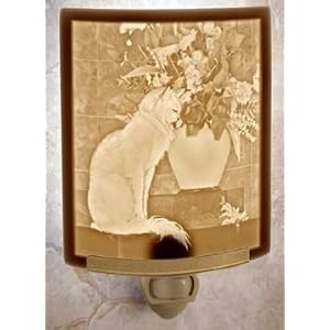 Cat with Flowers Porcelain Lithophane Curved Night Light by The Porcelain Garden