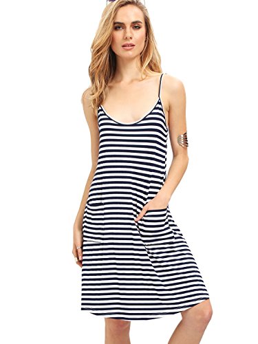 ROMWE Women's Striped Loose Spaghetti Strap Sundress Sleeveless Pockets Dress