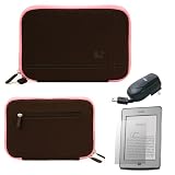 Brown with Pink Trim Smart Aero Protection Design Slim Soft Suede Cover Carrying Sleeve Case with Extra Accessory Back Pocket for Amazon Kindle Touch(Wi-Fi, 6 E ink Display) + Retractable Travel / Home Charger