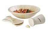 T&G Gift Works Pasta Set in Oatmeal Stained Hevea Wood with Bowl, Pasta Paddles and Parmesan Shaker. d285x75mm (gift boxed)