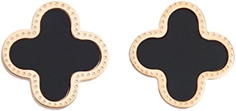 Stainless-steel Women's Earrings Rose Gold Plated Four Leaf Clover Pendant Stud Earrings Gift (Black Earrings)