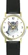 Gray Tabby Tom Cat and Kitten Cat - JP - WATCHBUDDY&reg; DELUXE TWO-TONE THEME WATCH - Arabic Numbers - Black Leather Strap-Size-Large ( Men's Size or Jumbo Women's Size )