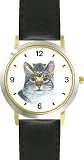 Gray Tabby Tom Cat and Kitten Cat - JP - WATCHBUDDY&reg; DELUXE TWO-TONE THEME WATCH - Arabic Numbers - Black Leather Strap-Women's Size-Small