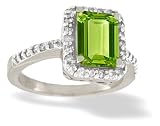 14K White Gold Genuine Emerald-cut Peridot and Diamond Ring