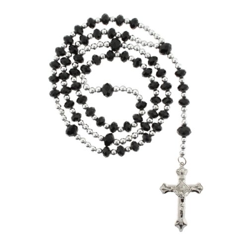 Silver Plated Rosary with 10mm and 8mm Faceted Rondell Beads - Black - 30\