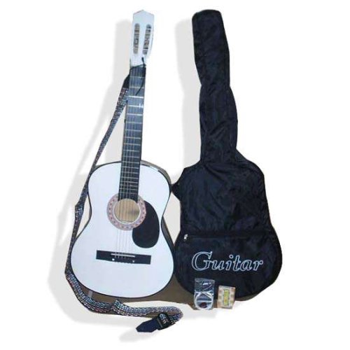 38 White Guitar W/ Black Tear Drop Pick Guard, Carrying bag and Accessories