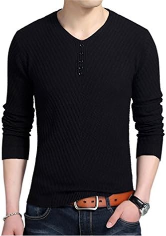 PUSITE Men's V Neck Long Sleeve Solid Sweater Jumper Pullover Black L