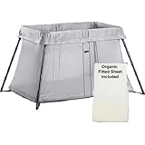 BABYBJORN Travel Crib Light Silver and Fitted Sheet Bundle Pack, Silver