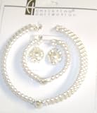 Three Strand Fresh Water White Pearl Choker Necklace Crystals Loaded on Gold Locket Matching Earrings and Bracelet for Women and Teens