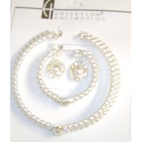 Three Strand Fresh Water White Pearl Choker Necklace Crystals Loaded on Gold Locket Matching...