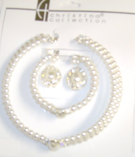 Click here to buy Three Strand Fresh Water White Pearl Choker Necklace Crystals Loaded on Gold Locket Matching....