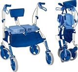 Walker with wheels - Ergonomic. Folds like an umberlla for compact storage. The molded seat and backrest provide greater comfort and increased lumbar support. Weight is stabilized over a generous wheel base. Rotating castors on the front wheels allow for easy movement in all directions, while fixed wheels in the back add stability.