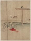 Poster Print of Japanese Artwork dating from 1688-1915Drawing shows
a head resting on a small platform on a post and a body sprawled on
the ground, with blood gushing from the neck; a bound prisoner
kneels nearby
