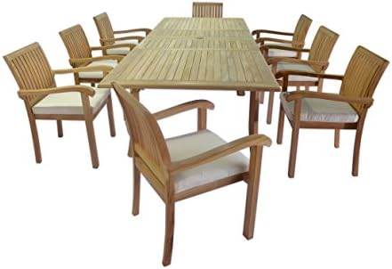 9 PC A Grade Outdoor Patio Teak Dining Furniture Set - 117" Double Extension Rectangle Table & 8 Naples Stacking Arm Chairs