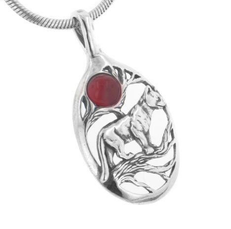 Blood Red Full Moon Panther / Cougar / Mountain Lion Cat in Tree Scene Sterling Silver Slide Pendant