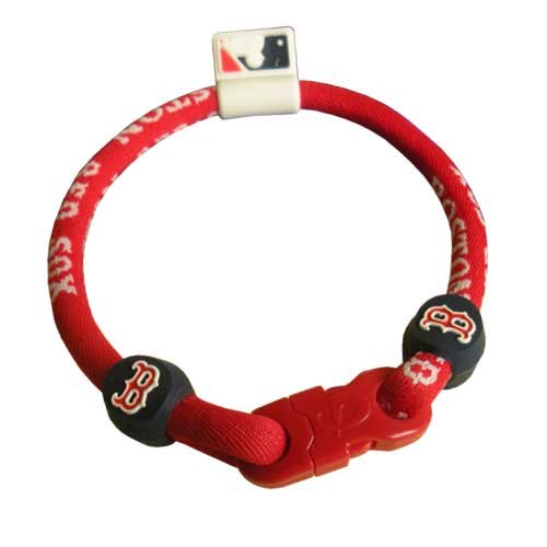 Phiten Custom Titanium Bracelet Boston Red Sox Red with Navy Blue Red Sox Trim and Red Clasp 7″