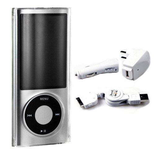 iPod Nano 5th Generation 5G crystal clear hard case accessories package with 5th Gen screen protector, home / car charger, USB cable, pouch